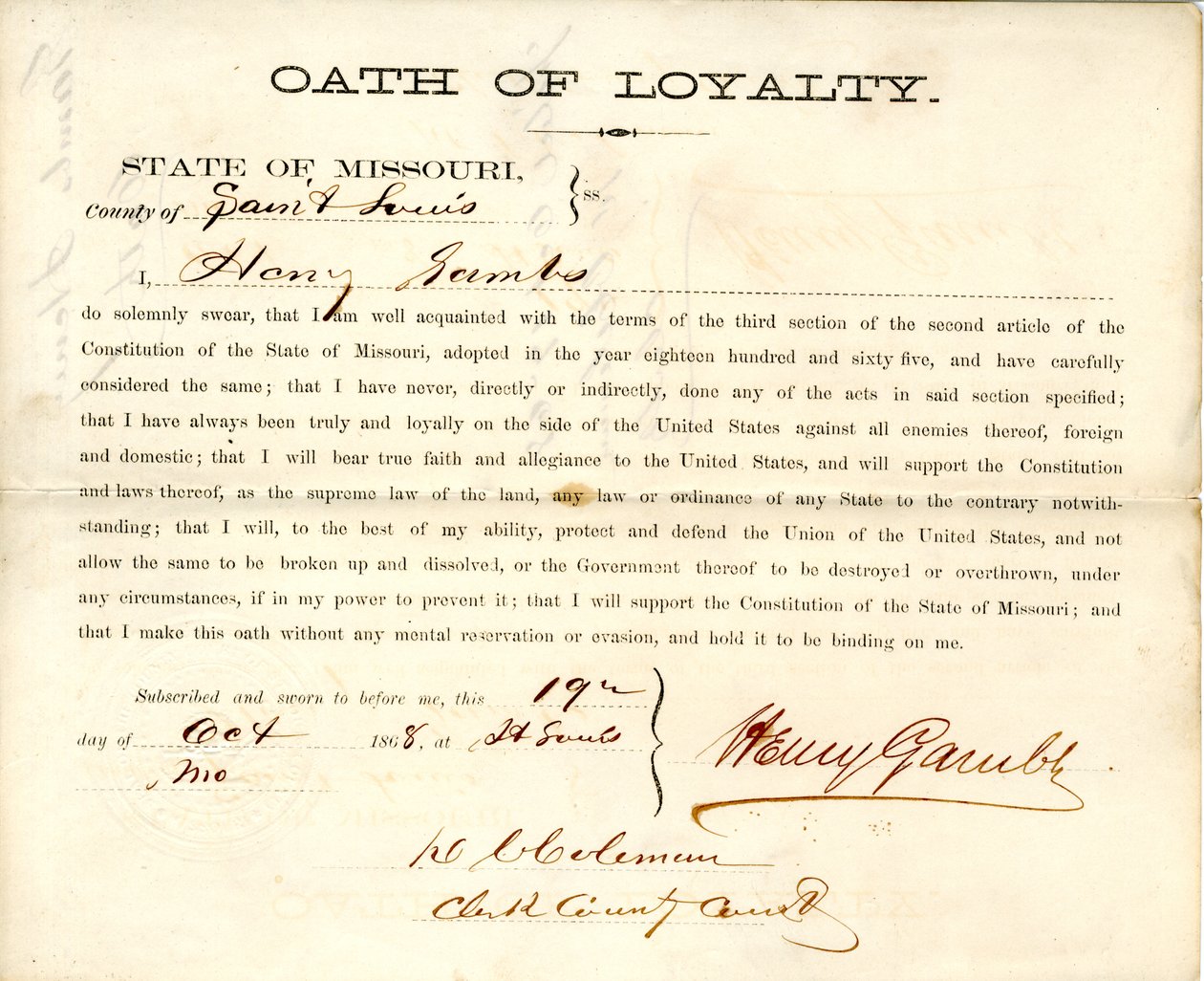 Loyalitet ed af Henry Gambs fra Missouri, County of St. Louis af Henry Gambs