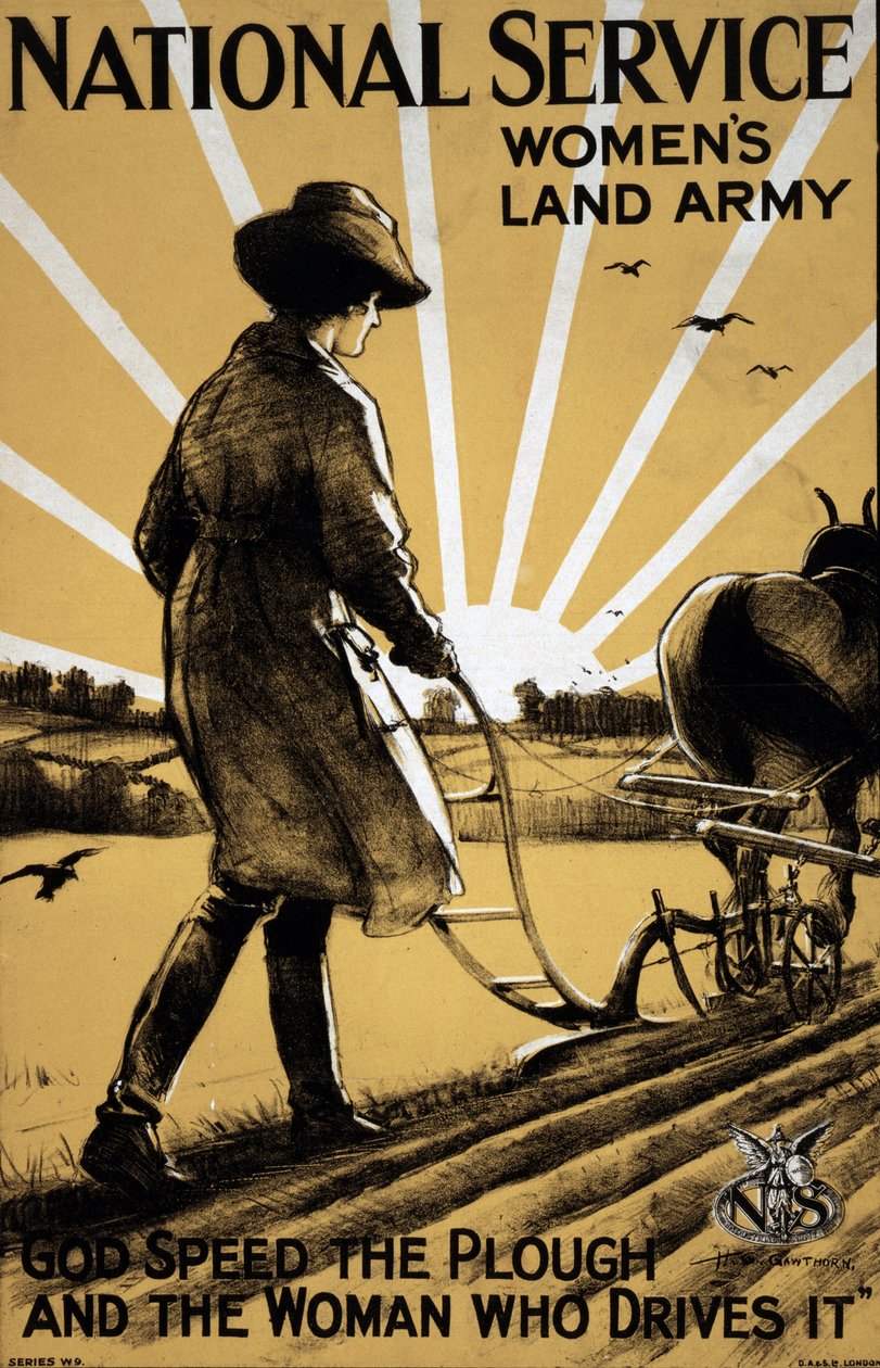 Første Verdenskrig: "En ung kvinde pløjer jorden"" propagandaplakat for kvindernes landhær 1917 Illustration af Henry George Gawthorn (1879-1941) DR af Henry George Gawthorn