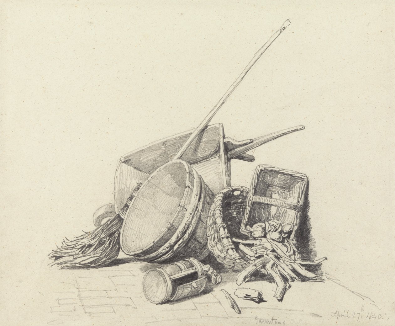 Stilleben med trillebør og kurve, 27. april 1840 af Henry Harris Lines