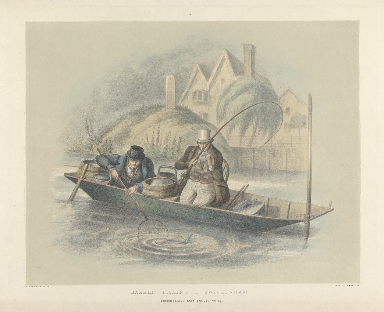 Barbel Fishing, Twickenham, fra et sæt på seks billeder af lystfiskeri (håndfarvet litho) af Henry Heath