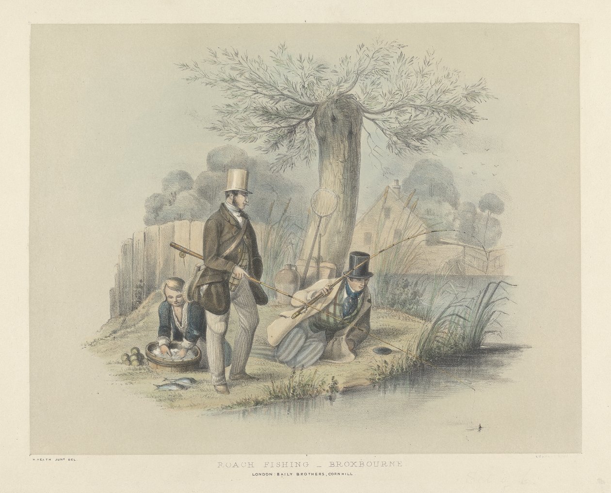 Roach fishing, Broxbourne, fra et sæt på seks billeder af lystfiskeri (håndfarvet litho) af Henry Heath