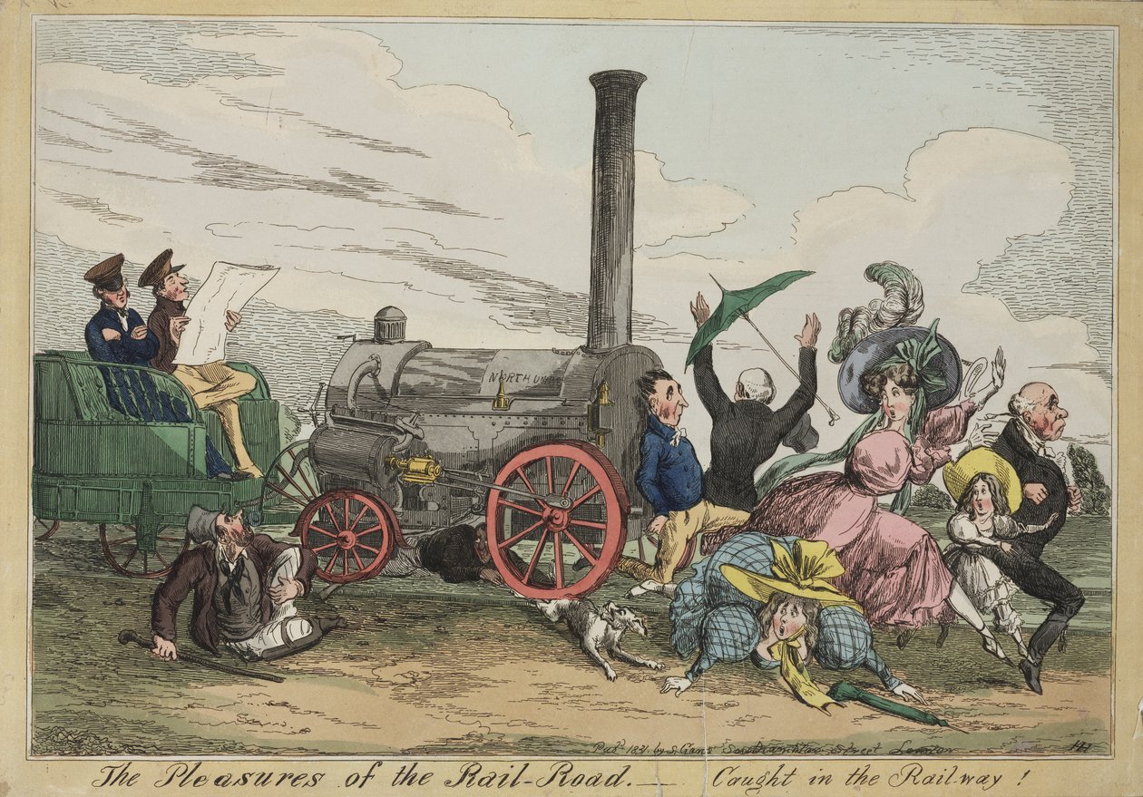The Pleasures of the Rail Road - Catught in the Railway!, ca. 1840 (håndfarvet radering) af Henry Heath