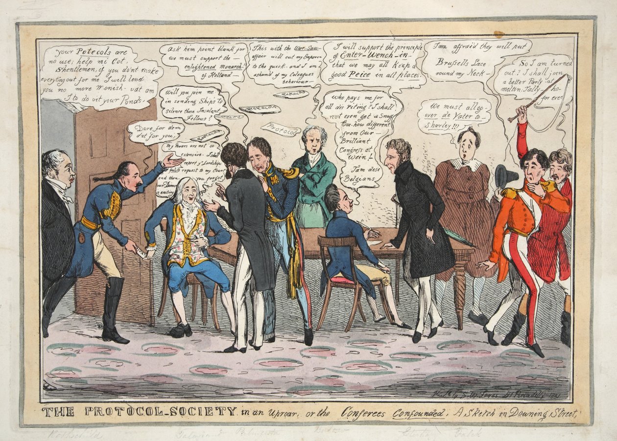 Protokolsamfundet i oprør eller konferenterne forvirrede. En skitse i Downing Street, pub. 1831 (håndfarvet gravering) af Henry Heath