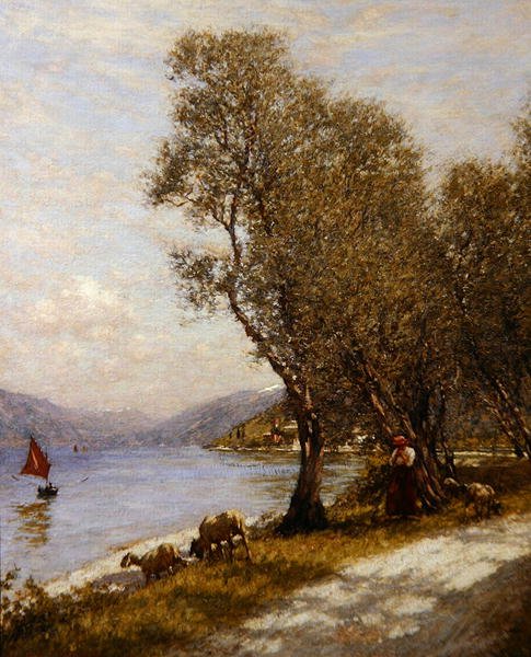 En veronesisk hyrdinde, Gardasøen (olie på lærred) af Henry Herbert La Thangue