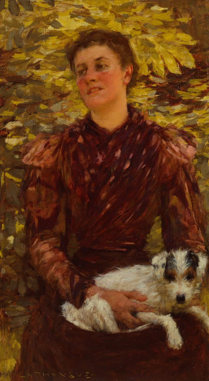 Ung pige med en hund (olie på lærred) af Henry Herbert La Thangue