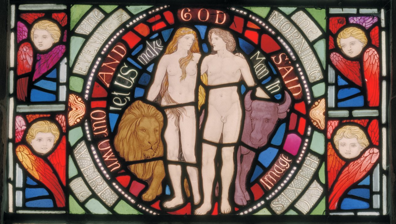 Adam og Eva, Benedicite vinduesdetalje, ca. 1895 (farvet glas) af Henry Holiday