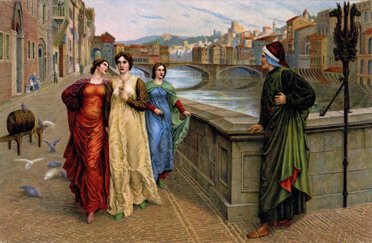 Dante Alighieri møder sin muse Beatrice Portinari i Firenze, ca. 1890 (tryk) af Henry Holiday