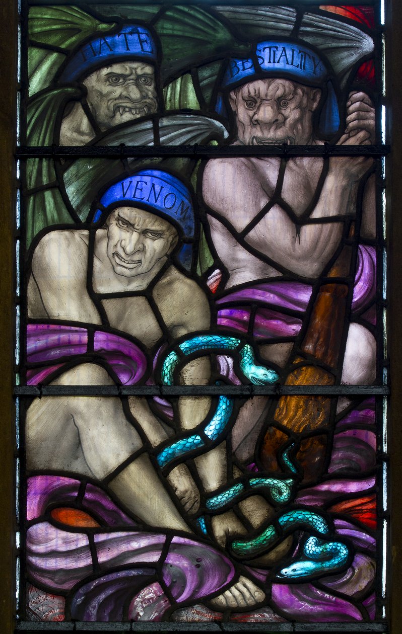 Yeovil, St John The Baptist, Lowndes & Drury, Henry Holiday, Hate, Bestialitet og gift, 1917-18 af Henry Holiday