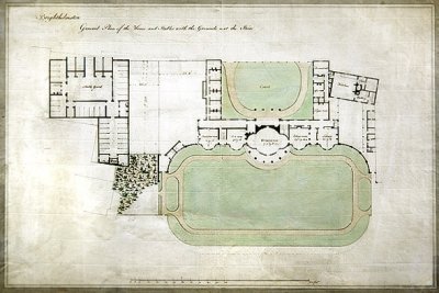 Brighthelmstone, eller Brighton Pavilion - generel plan over hus og stalde med grund, der viser tilbygning af arkitekt Henry Holland (1745-1806), ca. 1801 (akvarel på papir) af Henry Holland