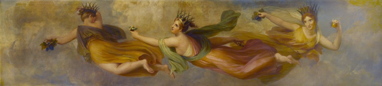 The Horae, eller Seasons (tidligere formodet at være tre), Diffusing their Several Productions, 1834 (olie på mahognipanel) af Henry Howard