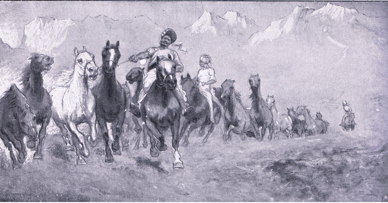 Indiske kulier tager remounts til Stellens bosch, fra After Pretoria: The Guerilla War udgivet af Harmsworth Bros Limited, 1901 af Henry Inglis Jodrel Sheldon Williams
