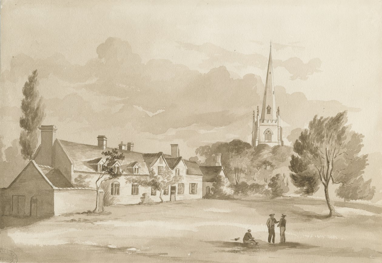 Brewood Church: sepia tegning, 1844 af Henry James Noyes