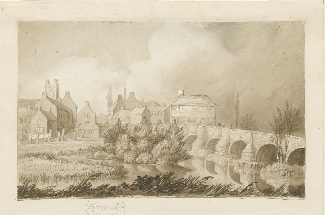 Burton-upon-Trent Bridge and Town: sepia-tegning, nd [c 1840] af Henry James Noyes