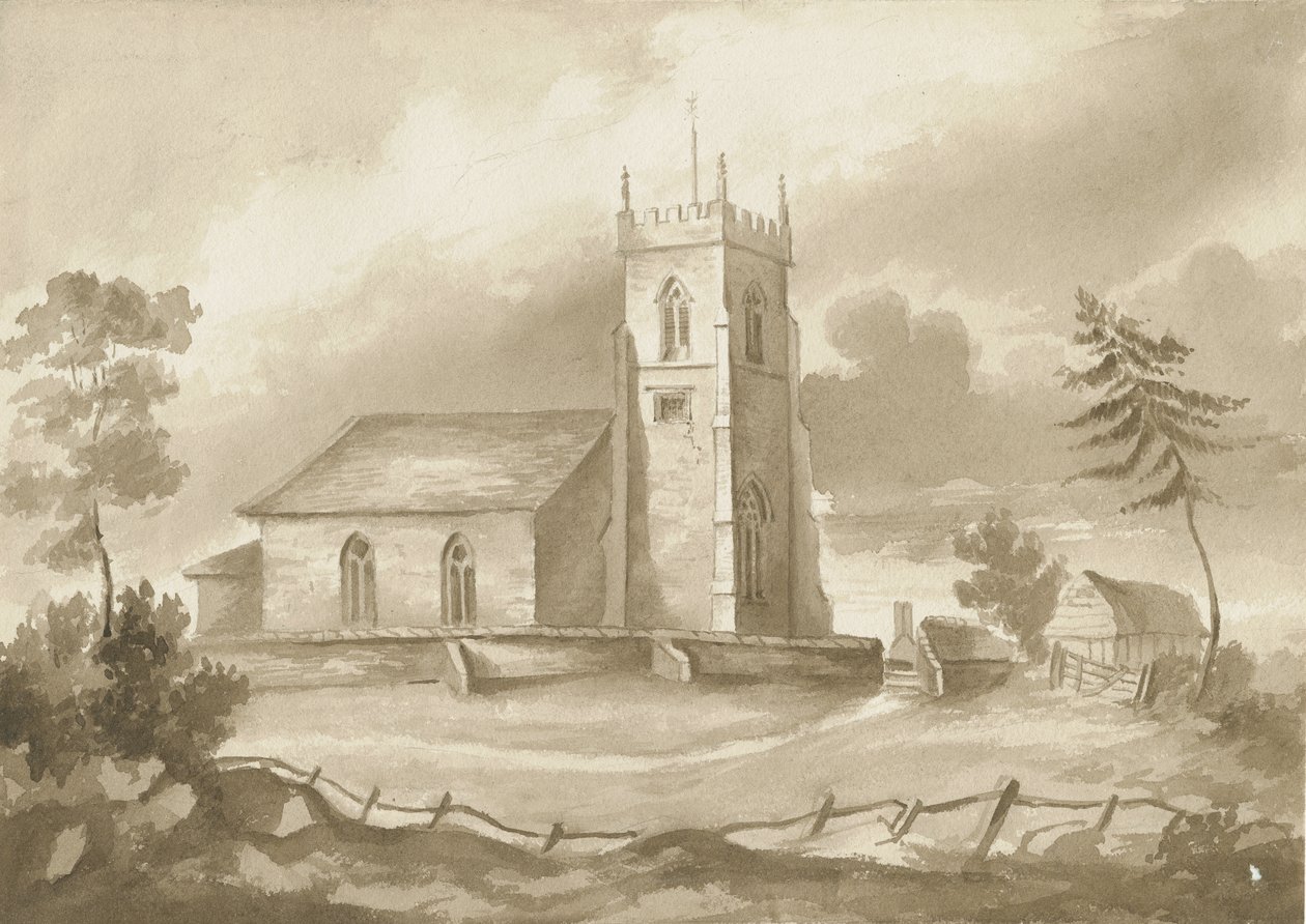 Codsall Church: sepia tegning, nd [1844] af Henry James Noyes