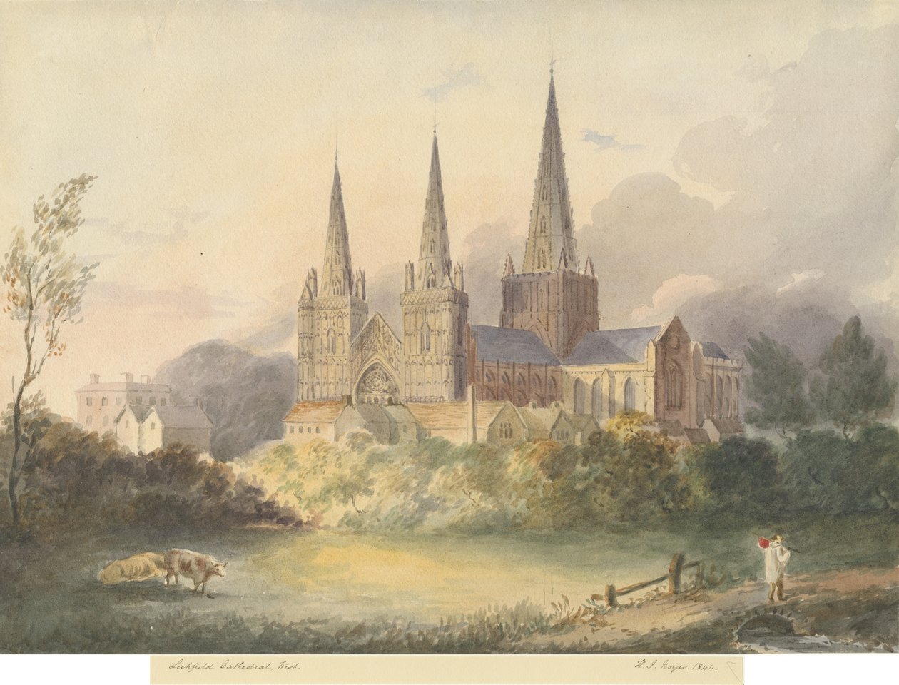Lichfield Cathedral - West View: vandfarvemaleri, 1844 af Henry James Noyes