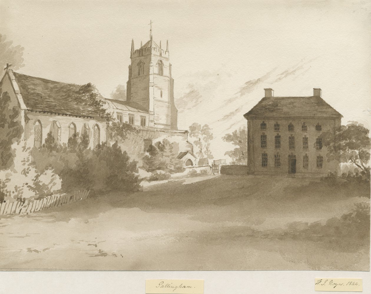 Pattingham Church and Vicarage House: sepia vask tegning, 1844 af Henry James Noyes