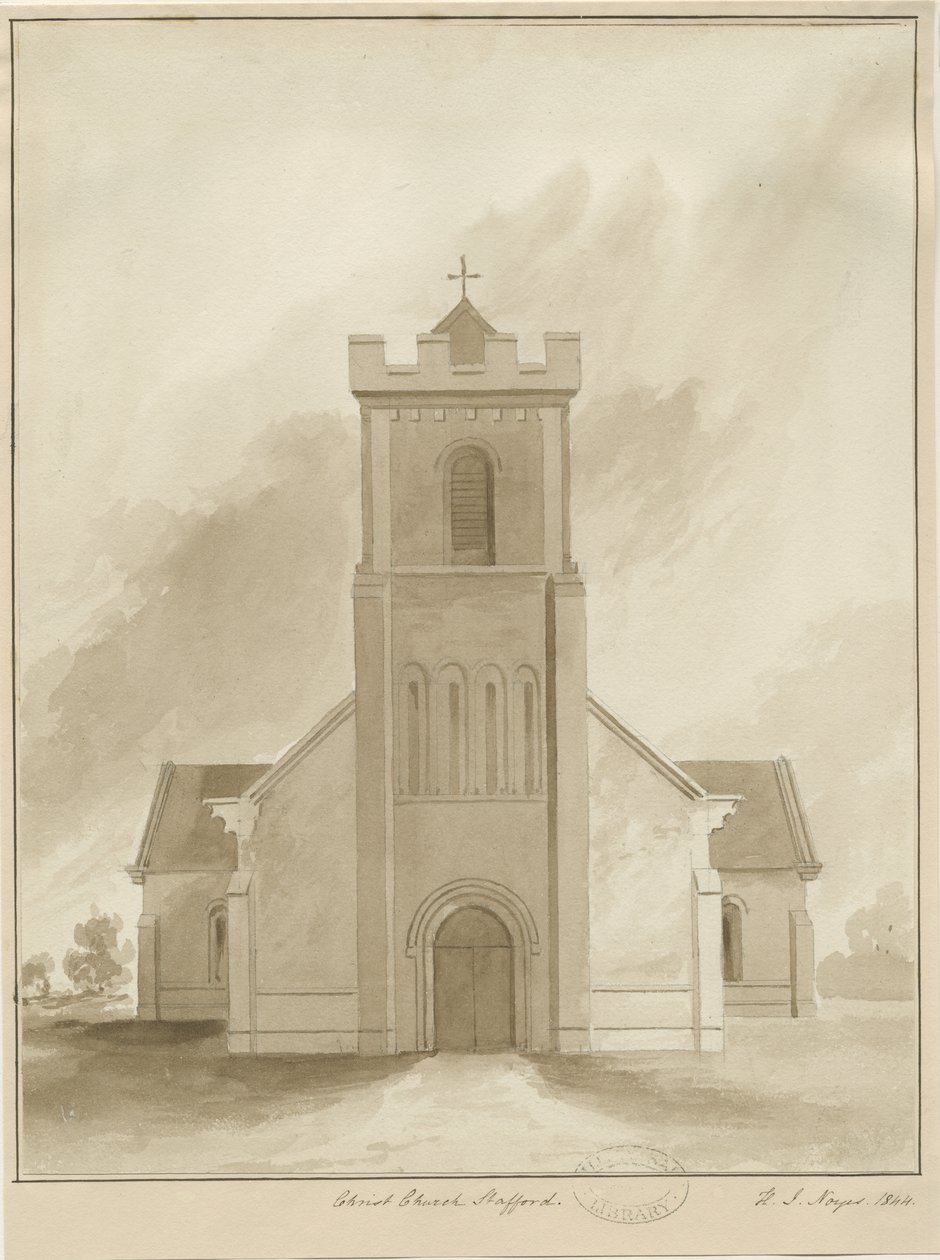 Stafford - Christ Church: sepia vask tegning, 1844 af Henry James Noyes