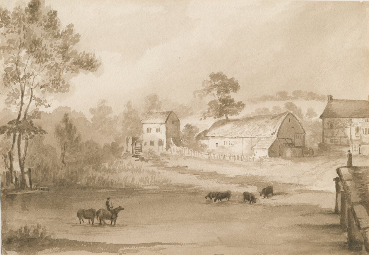 Trysull Mølle: sepia vask tegning af Henry James Noyes