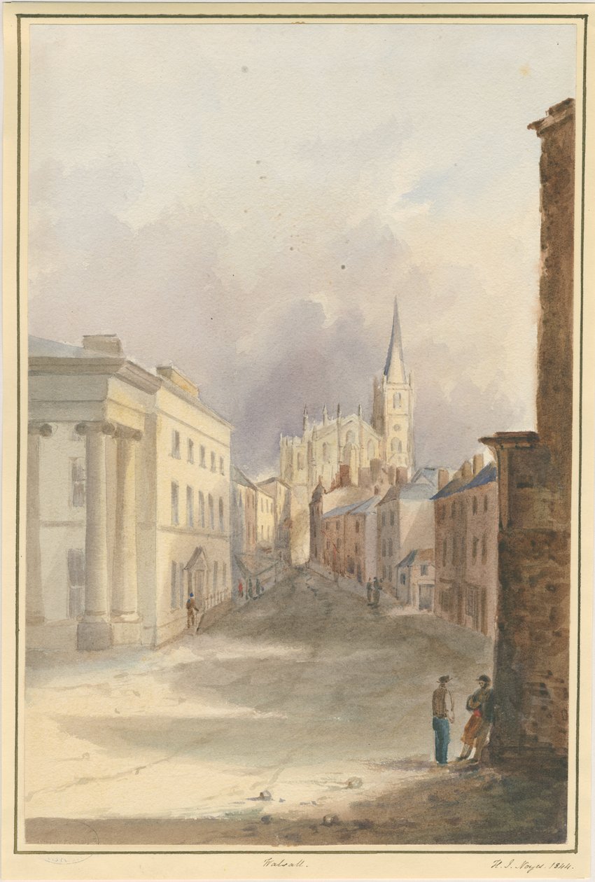 Walsall Town and Church: vandfarvemaleri, 1844 af Henry James Noyes