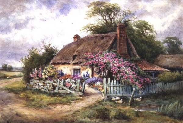 Smukt sommerhus med ænder af Henry John Sylvester Stannard