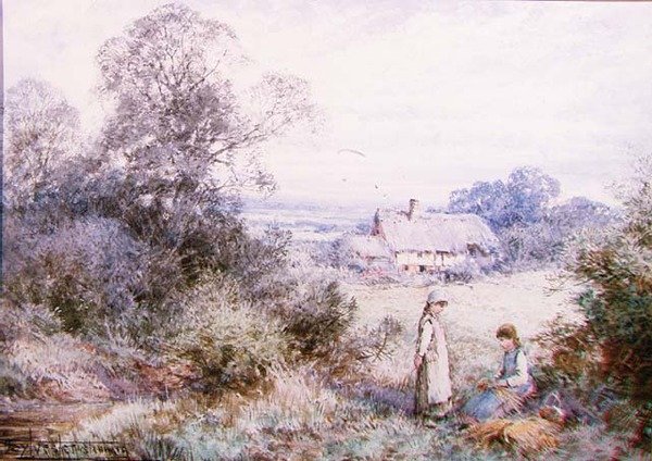 To unge piger, der leger ved en eng af Henry John Sylvester Stannard