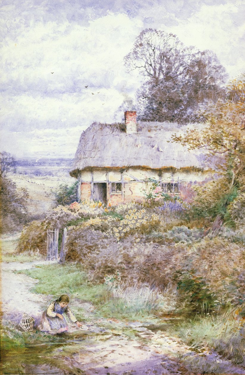 Ung pige, der knæler ved en strøm af Henry John Sylvester Stannard