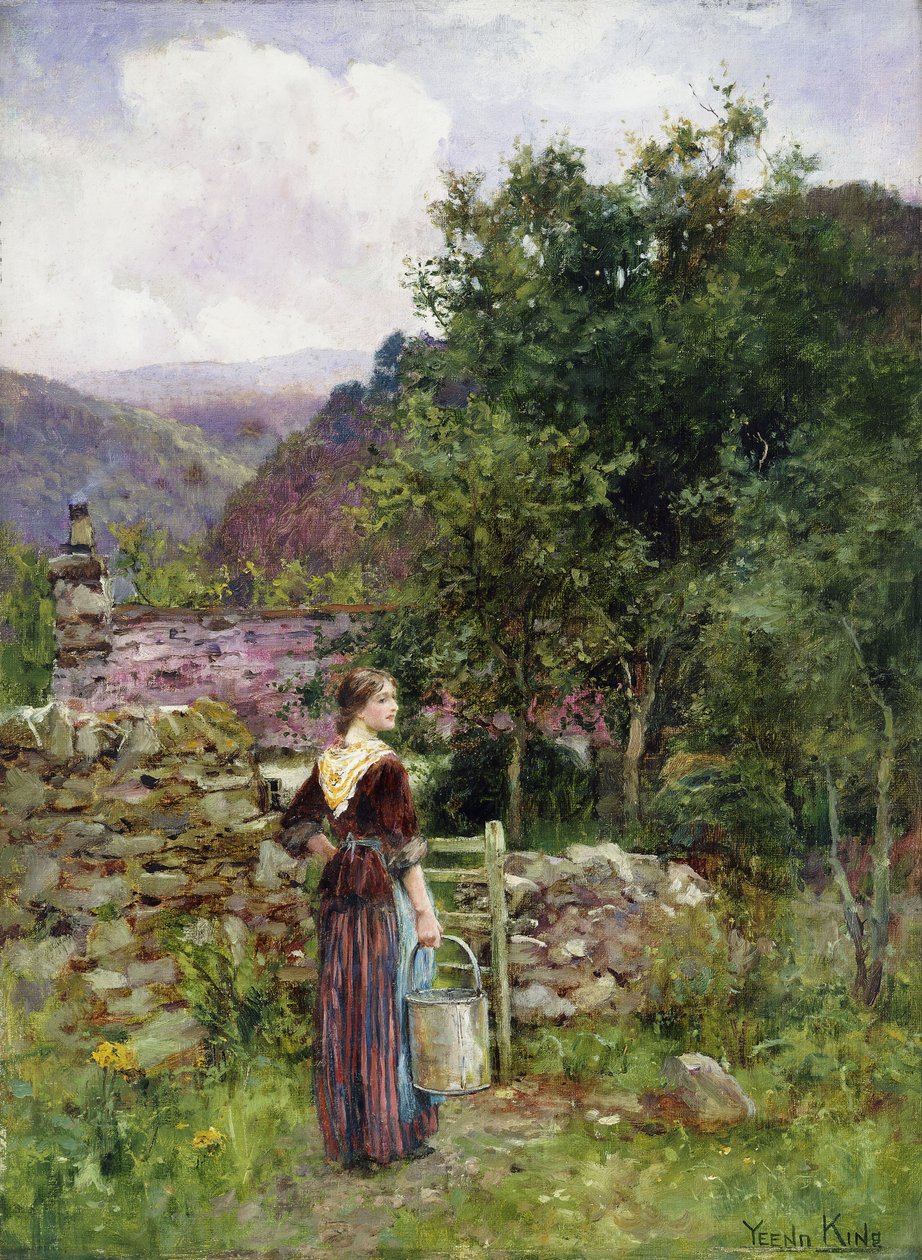 En ung pige, der står uden for et sommerhus med en spand, af Henry John Yeend King