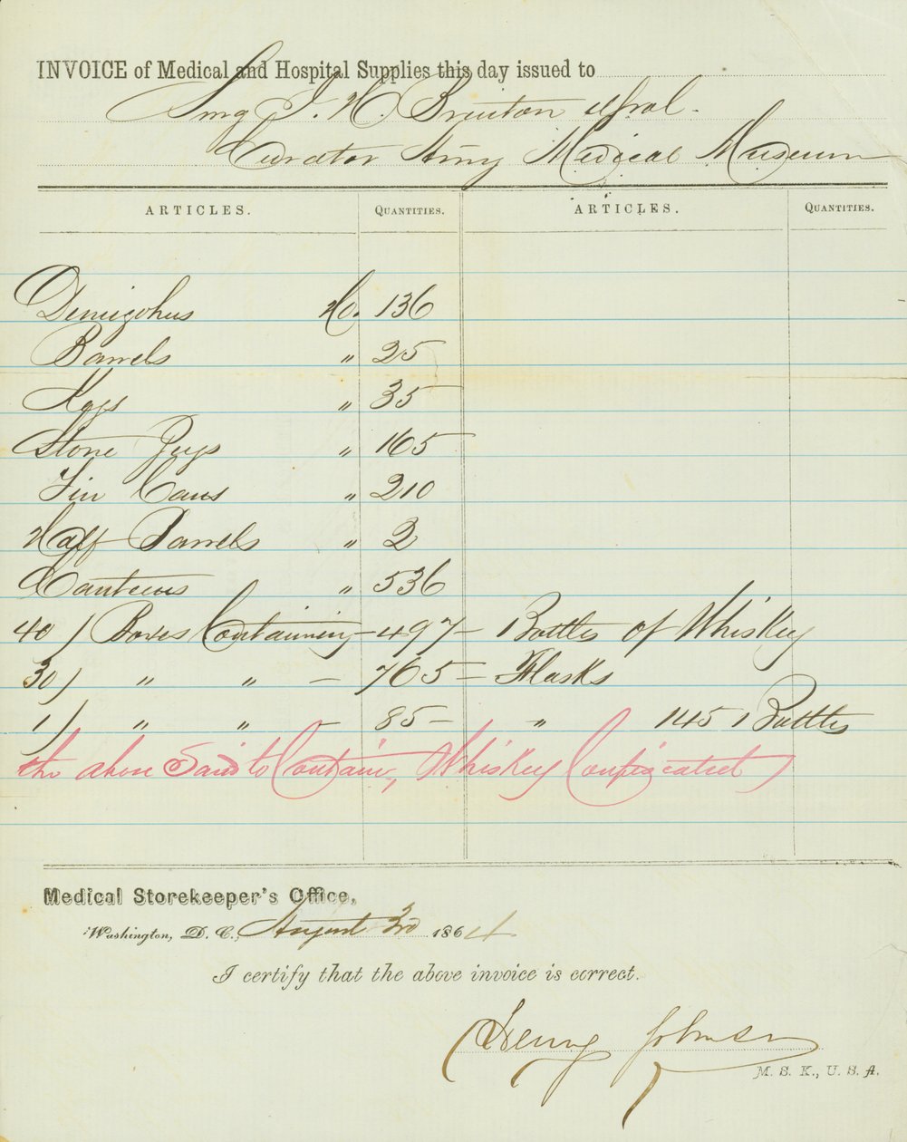 Faktura over medicinske og hospitalsbutikker, underskrevet Henry Johnson, 30. august 1864 af Henry Johnson
