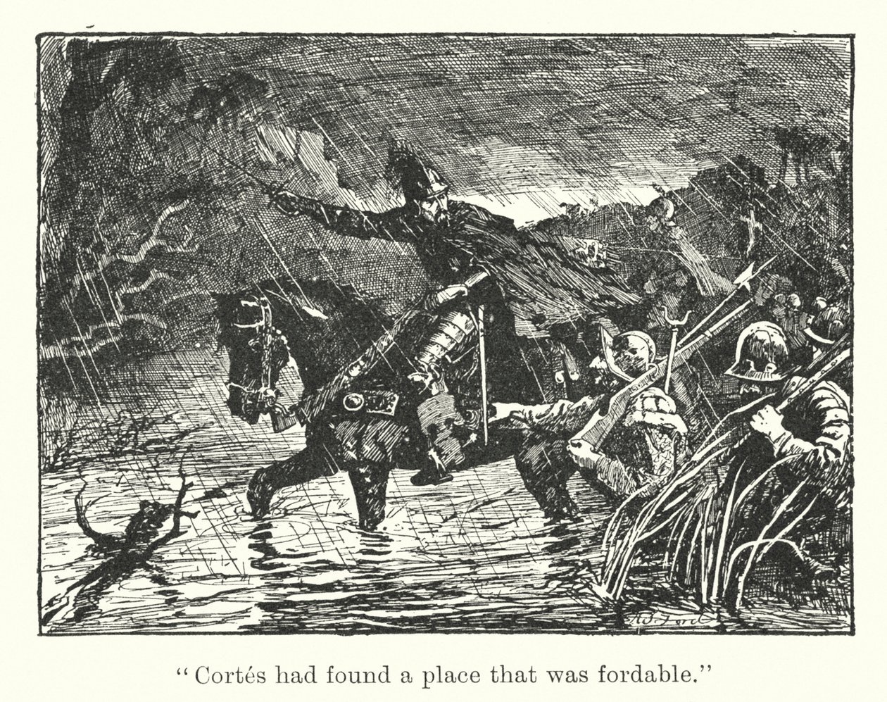 "Cortes havde fundet et sted, der var farbart" (kobberstik) af Henry Justice Ford