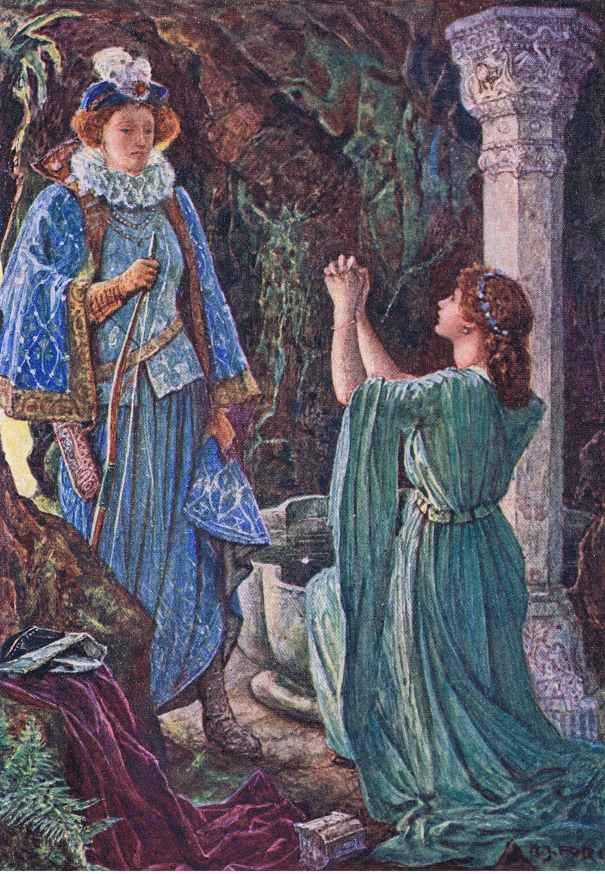 Elizabeth og Amy mødes i grotten, illustration fra Kenilworth, ca. 1910 af Henry Justice Ford