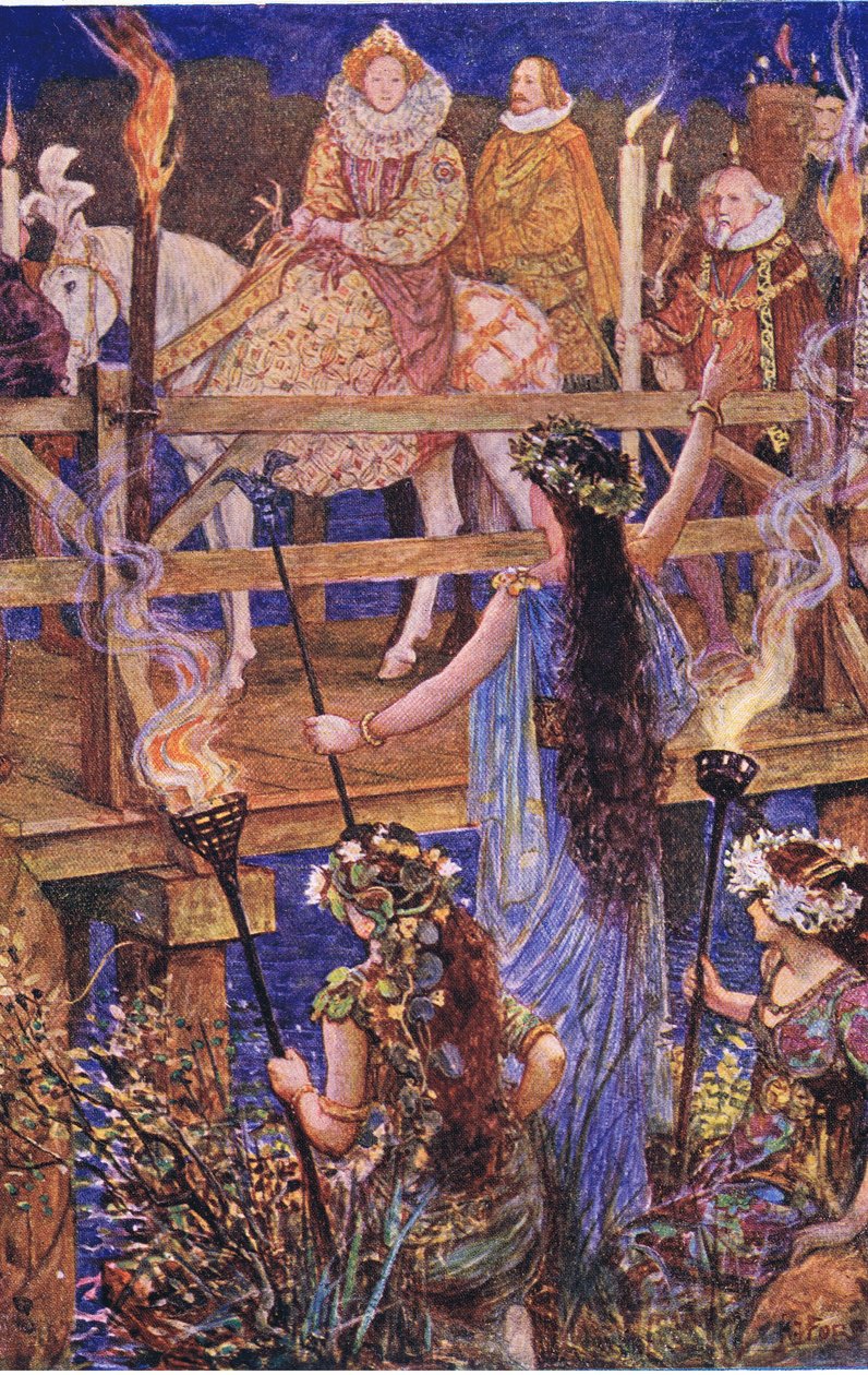 Elizabeth bliver budt velkommen af damen på den flydende ø, illustration fra Kenilworth, ca. 1910 af Henry Justice Ford