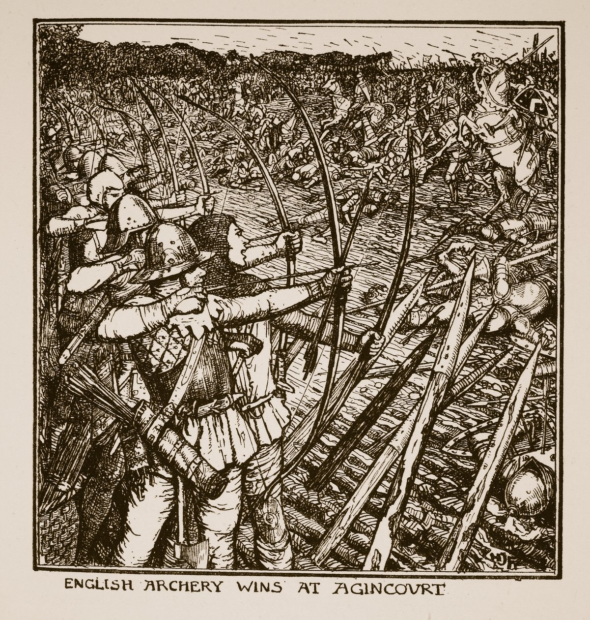 Engelsk bueskydning vinder ved Agincourt, illustration fra 