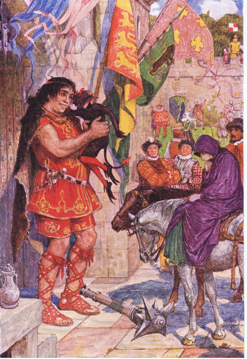 Flibbertigibbet klædt ud som en djævel pacificerer kæmpen, da Wayland bringer Amy til Kenilworth Castle, illustration fra Kenilworth, ca. 1910 af Henry Justice Ford
