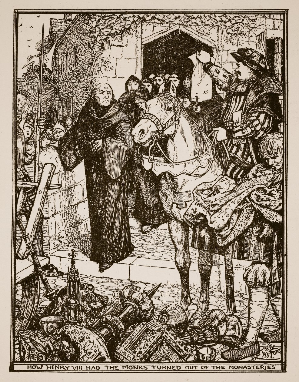 Hvordan Henrik VIII fik munkene vendt ud af klostrene, illustration fra 