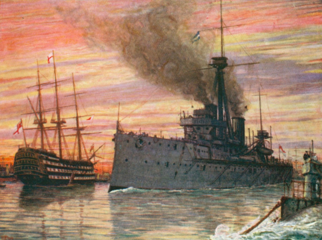 I Portsmouth havn i 1909, "Dreadnought" og "Victory" (farvelitografi) af Henry Justice Ford
