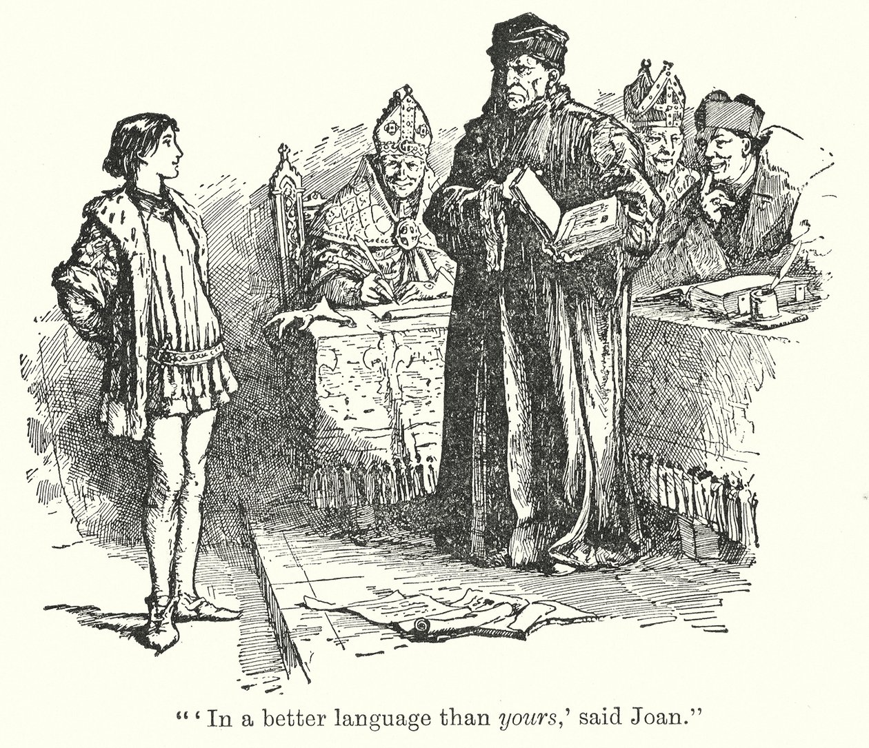 "På et bedre sprog end dit," sagde Joan" (litografi) af Henry Justice Ford