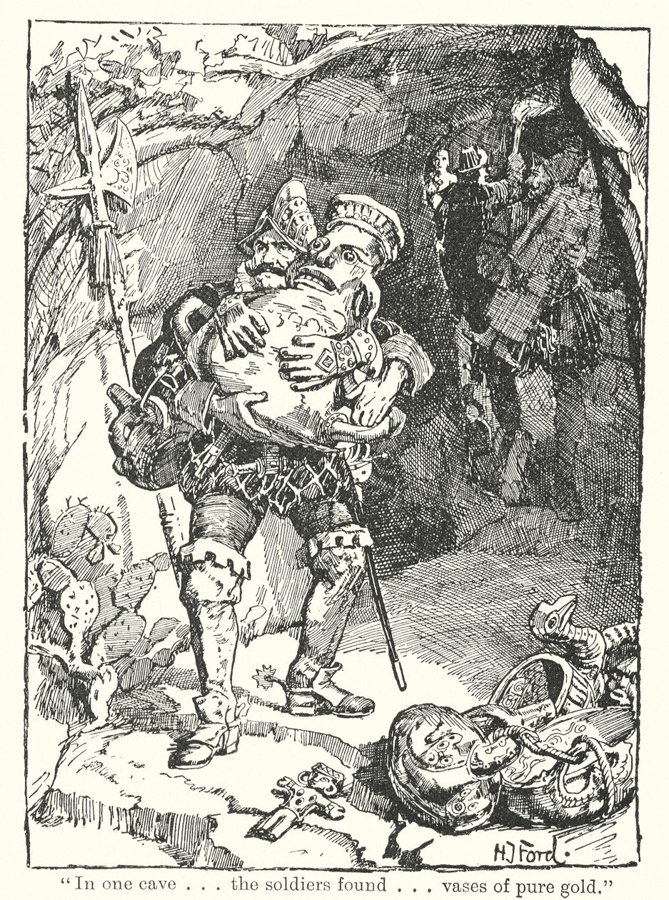 "I en hule. Fandt soldaterne. Vaser af rent guld" (litografi) af Henry Justice Ford