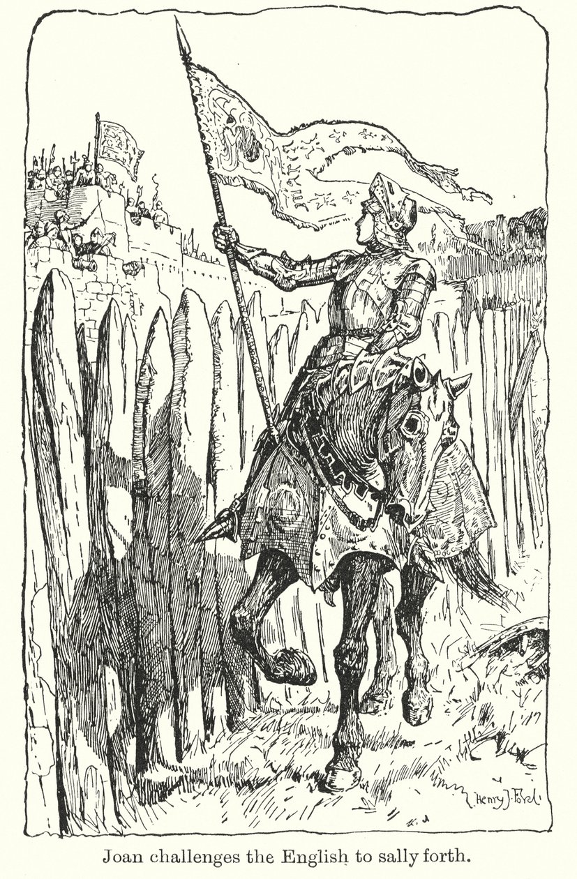Joan udfordrer englænderne til at springe ud (litografi) af Henry Justice Ford