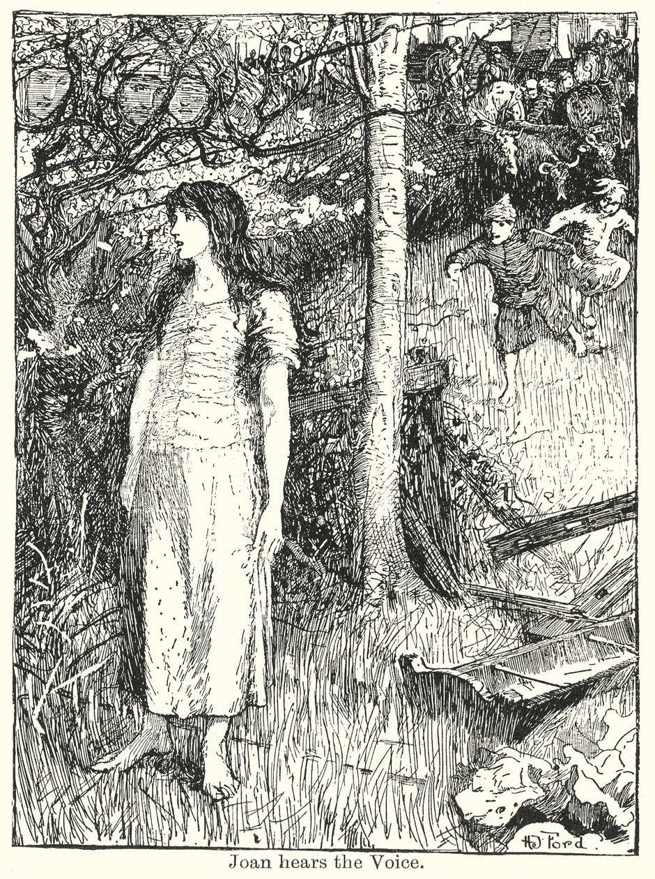 Joan hører stemmen (litografi) af Henry Justice Ford