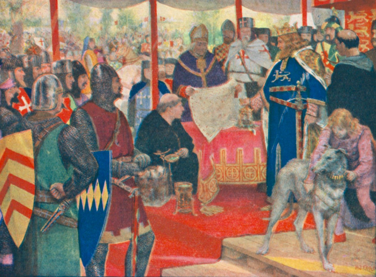 Kong John forsegler det store charter (farvelitografi) af Henry Justice Ford