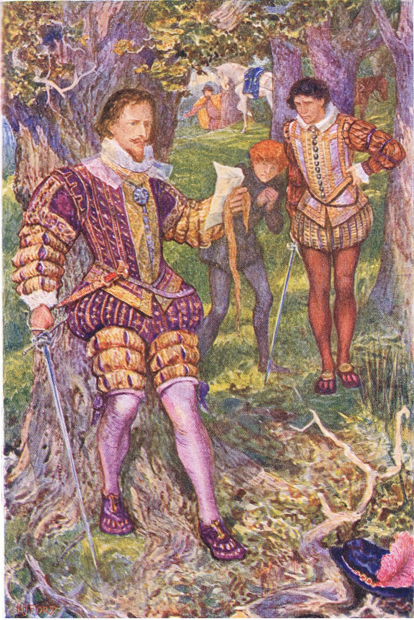 Leicester læser Amys brev, illustration fra Kenilworth, ca. 1910 af Henry Justice Ford