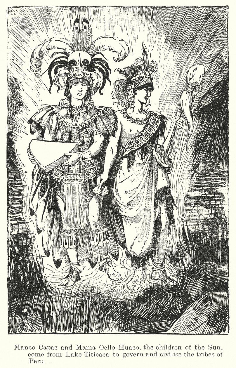 Manco Capac og Mama Ocllo Huaco, Solens børn, kommer fra Titicaca-søen for at regere og civilisere stammerne ... (litografi) af Henry Justice Ford