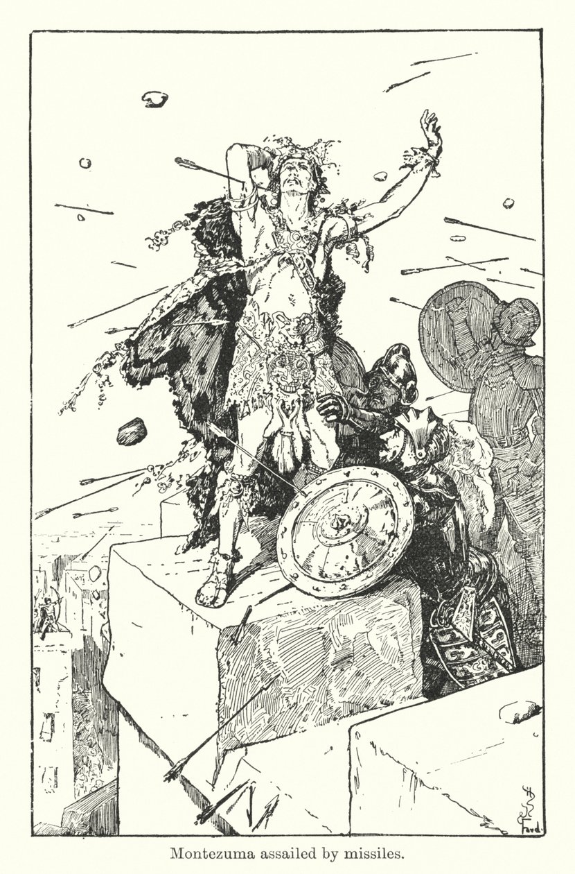Montezuma angrebet af missiler (kobberstik) af Henry Justice Ford