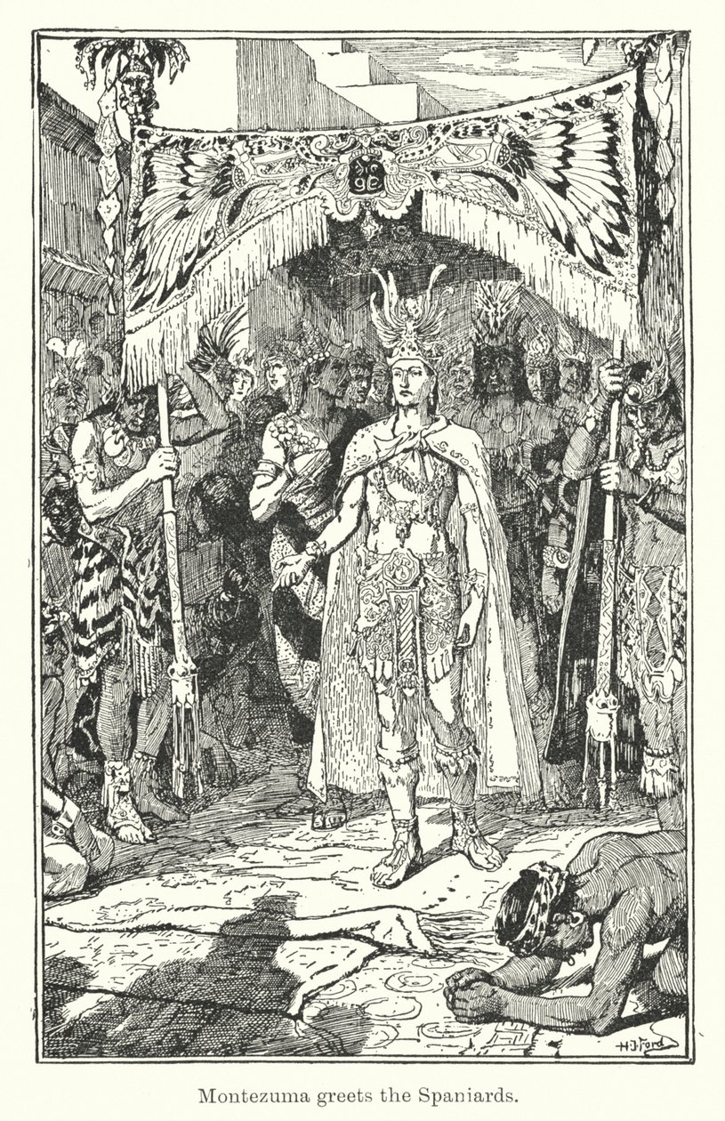 Montezuma hilser på spanierne (kobberstik) af Henry Justice Ford