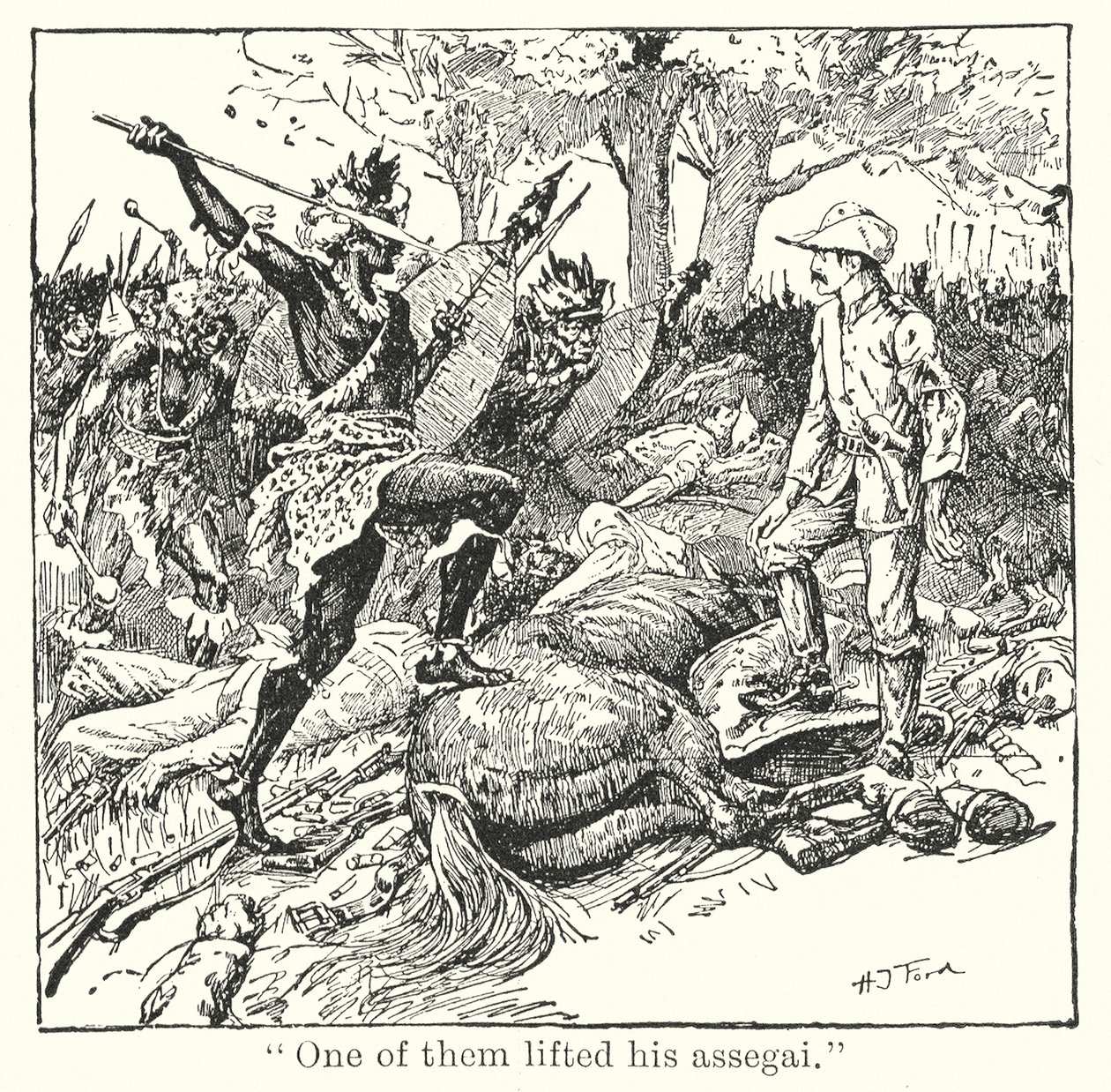 "En af dem løftede sin assegai" (litografi) af Henry Justice Ford