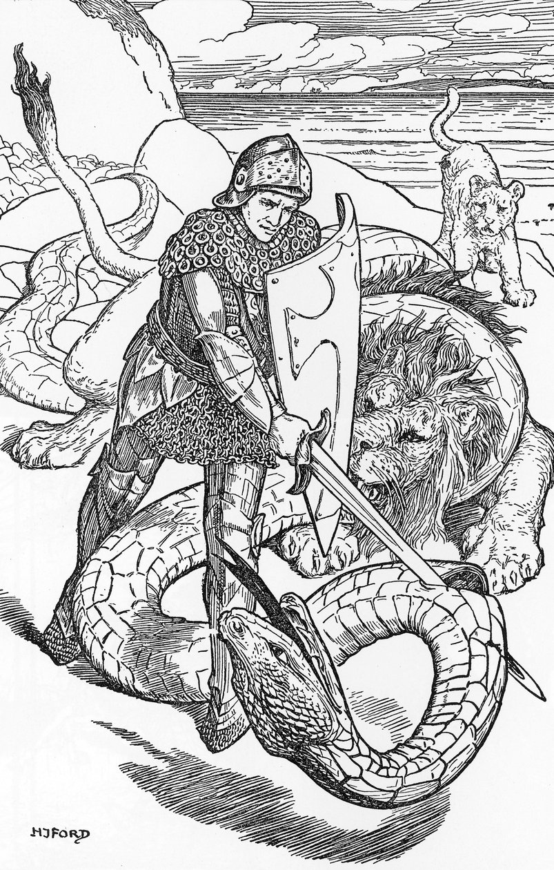 Percival fightint the slang Illustration af HJ Ford (1860-1940) fra "The book of romance" 1902 Privat samling af Henry Justice Ford