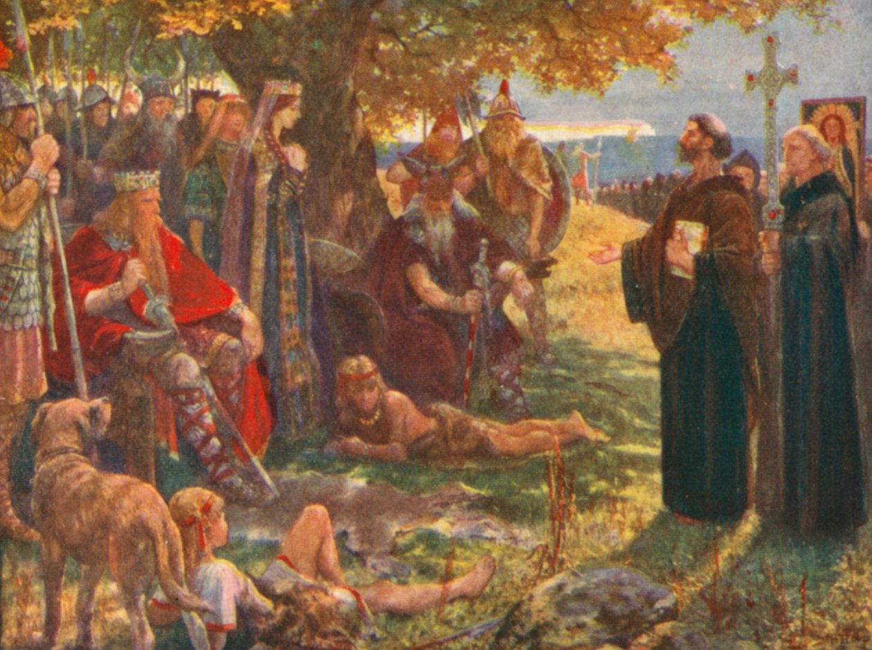 Augustin prædiker for Ethelbert, konge af Kent, og viser ham korset og et billede af Frelseren (farvelitografi) af Henry Justice Ford