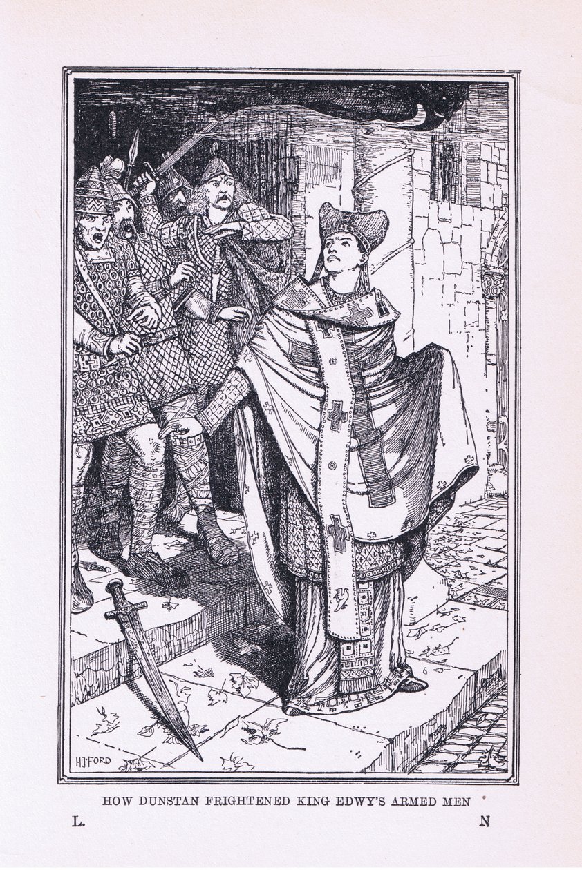 Sankt Dunstan skræmte kong Edwys bevæbnede mænd, 1912 af Henry Justice Ford