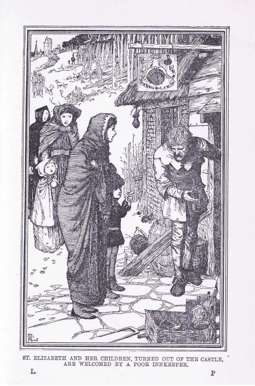 St Elizabeth og hendes børn, vendte ud af slottet og budt velkommen af den fattige kroejer, 1912 af Henry Justice Ford