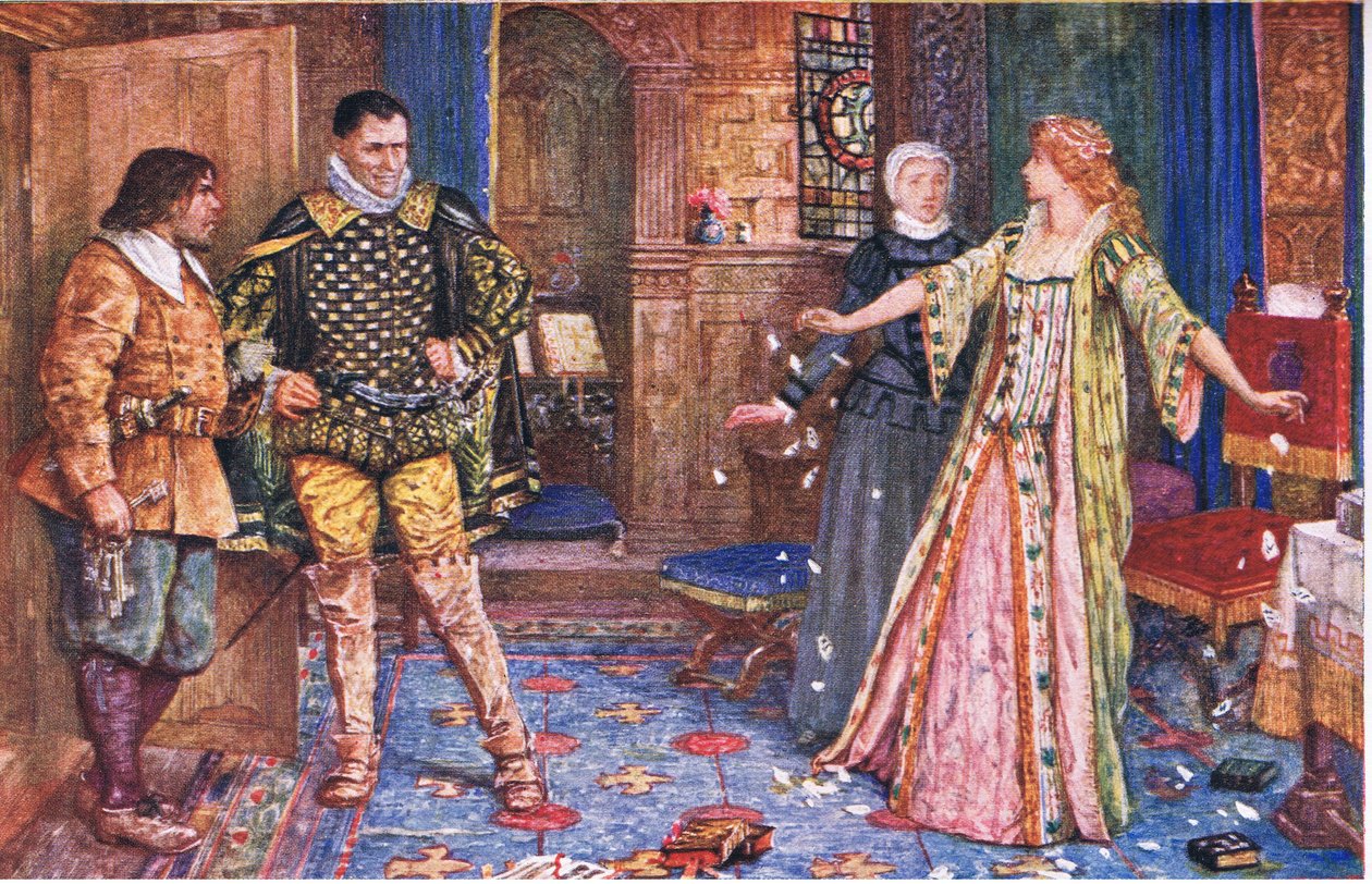 Grevinden af Leicester river sin mands brev i stykker i nærværelse af Varney og Foster, illustration fra Kenilworth, ca. 1910 af Henry Justice Ford